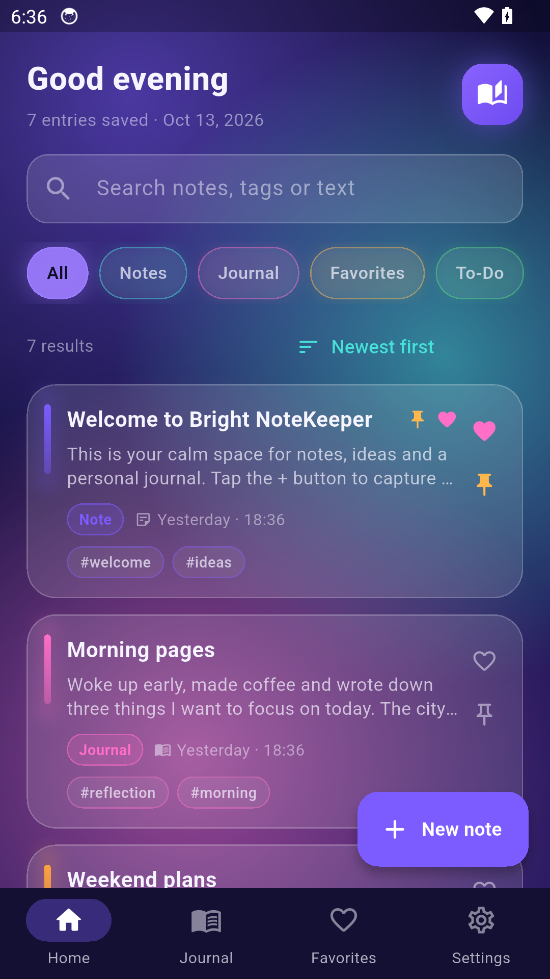Bright NoteKeeper home and results screen