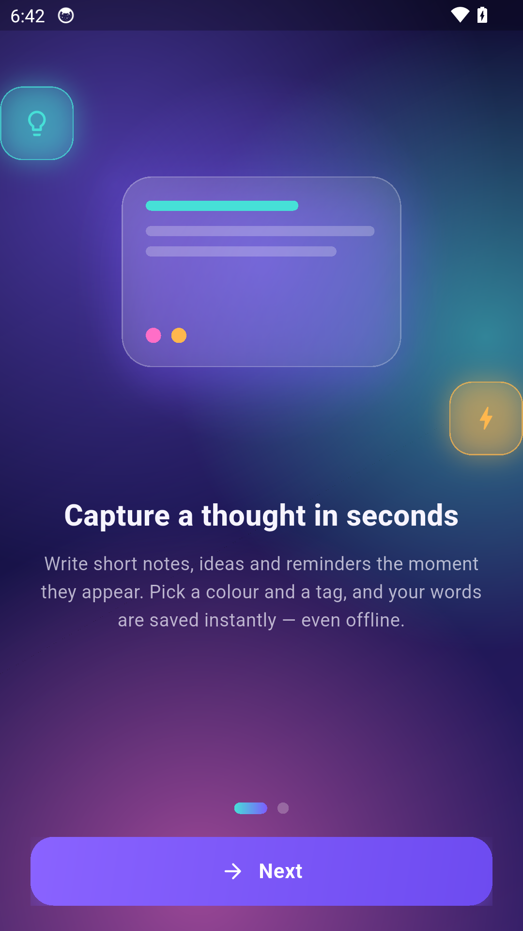 Bright NoteKeeper onboarding capture screen